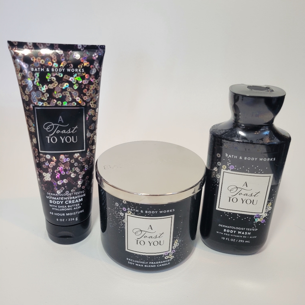A Toast To You Bath & Body Works Set 3 Wick Candle, Body Wash, Body Cream Bundle